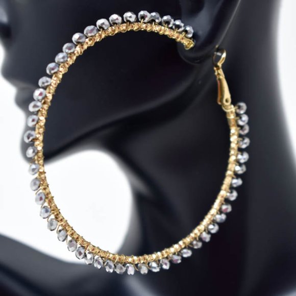 Thin Wired Hematite Gray Crystal Beads Earrings - Picture 6 of 12